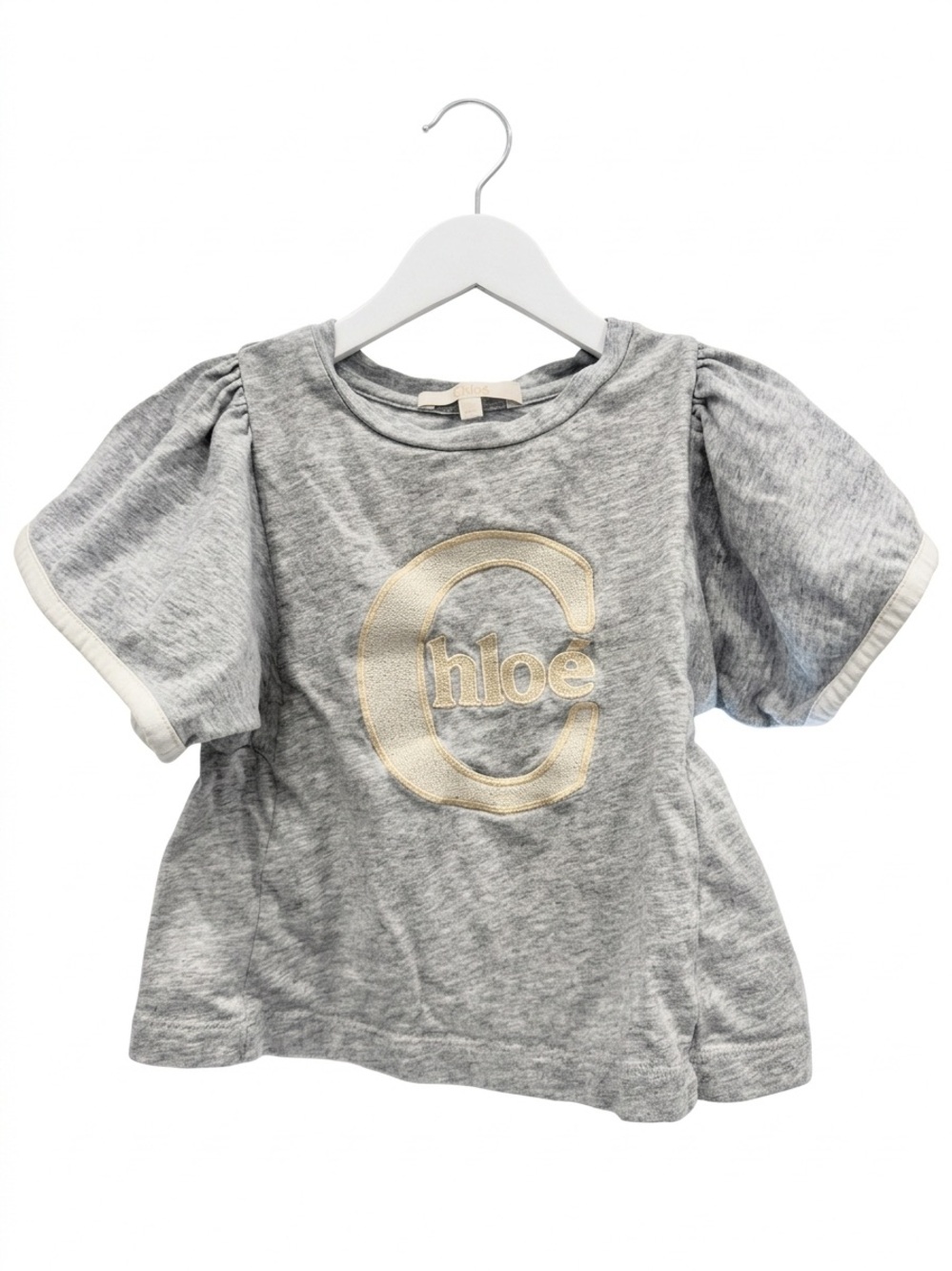 Designer Chloe Gray Short Sleeve Logo Tee with Gold Embroidery 2t